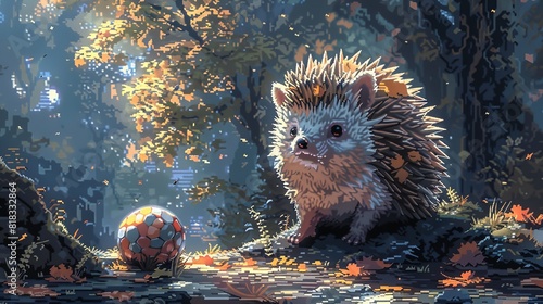 A hedgehog rolling into ball in a forest, pixel art. AI generate illustration photo