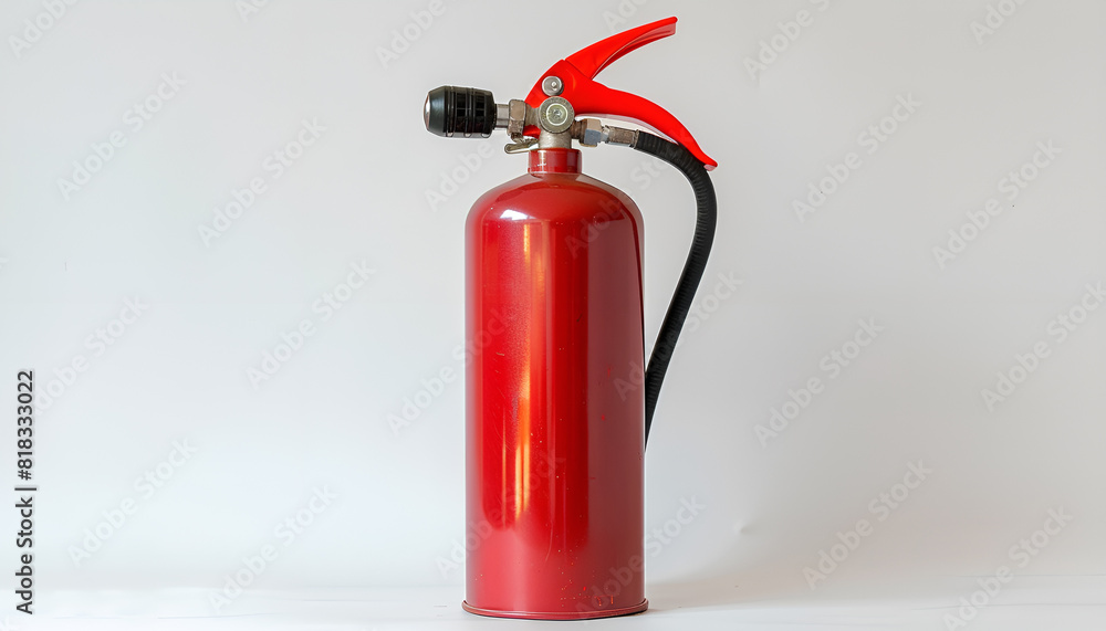One red fire extinguisher on white background One red fire extinguisher on white background