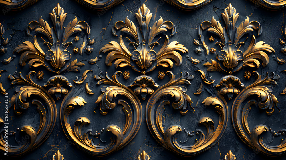 Ornate Golden Baroque Pattern on Dark Background,
A close up of a decorative gold panel with a flower