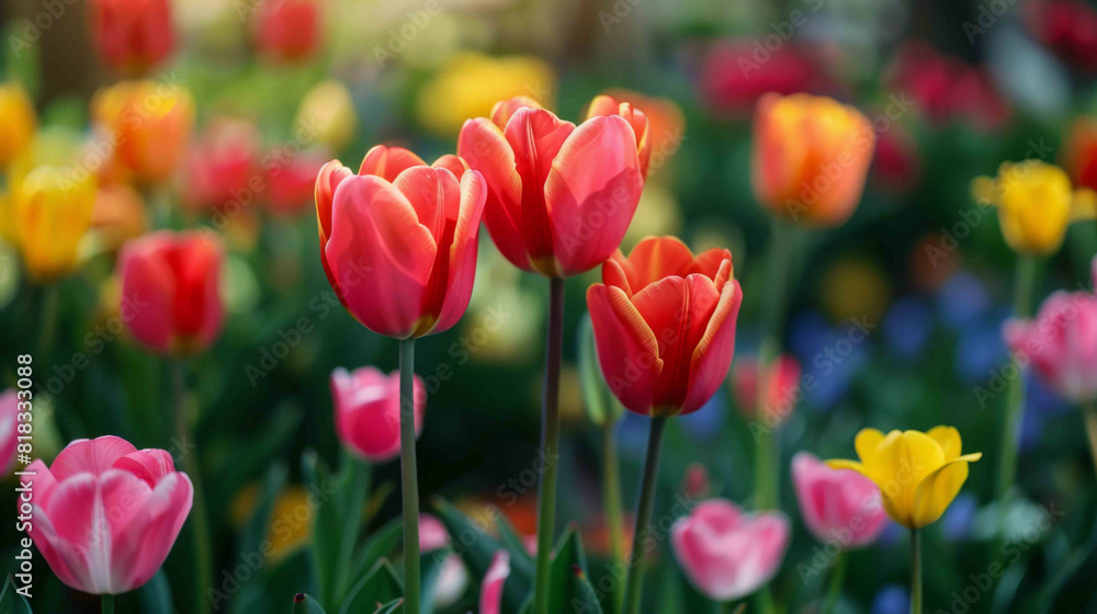 Bright and colorful tulips in full bloom within a lush spring garden setting.