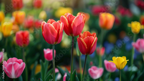 Bright and colorful tulips in full bloom within a lush spring garden setting.