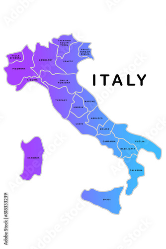 Blue and purple political map of Italy with province and region boundaries isolated on white background photo