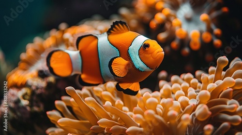   A close-up of a clownfish on coral surrounded by other corals and sea anemones