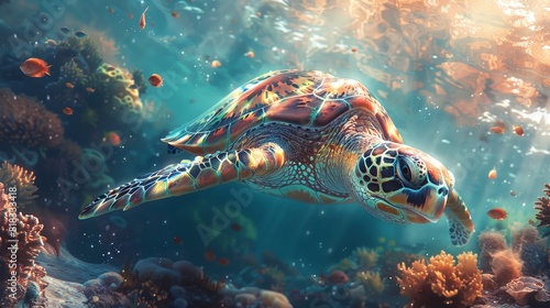 A sea turtle swimming through a coral reef in ocean  pixel art. AI generate illustration
