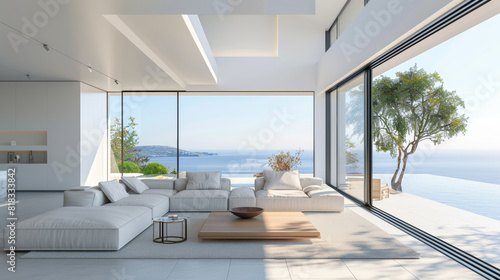 Spacious and elegant modern living room with minimalistic design, featuring panoramic views of the ocean.