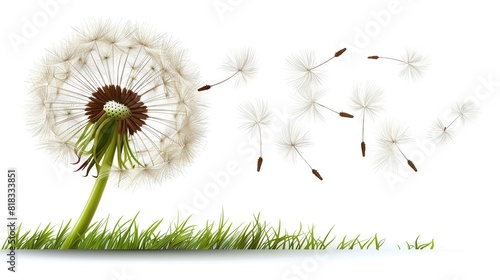   A dandelion blowing in the wind against a white background surrounded by green grass