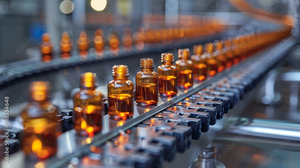 Pharmaceutical Vials on a Sterile Production,
Conveyor Belt Filled With Bottles of Liquid
