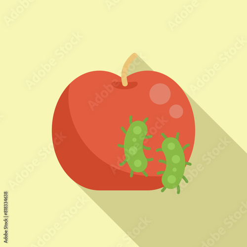 Flat design vector of green cartoon bacteria on a shiny red apple