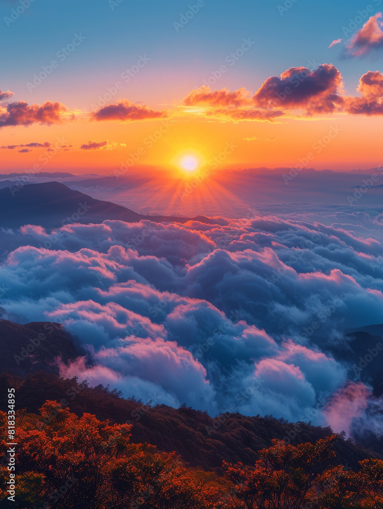 The sky is filled with clouds and the sun is setting, creating a beautiful