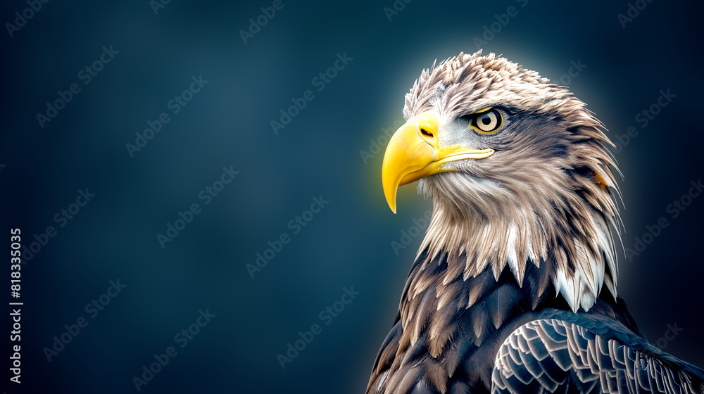 Obraz premium Side Angle View of a American Bald Eagle Bird or Haliaeetus Leucocephalus head on dark blue background