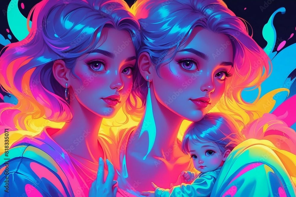 Fototapeta premium vector cartoon illustration of two girls and a rainbow