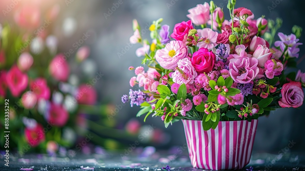 A vase filled with pink and purple flowers, adorned with pink and white stripes A vase filled with pink and purple flowers, adorned with pink and white stripes