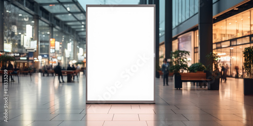 Mock up. Vertical advertising billboard, lightbox with empty digital screen on railway station. Blank white poster advertising, public information board stands at station in front of people and train 