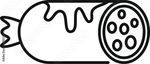 Black and white line art vector of a whole salami sausage with slices
