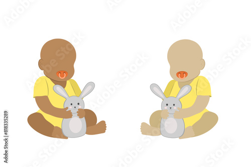 Babies sitting vector flat illustration. Two Babies european and african american with pacifier and bunny toy . Gender neutral vector layered illustration.