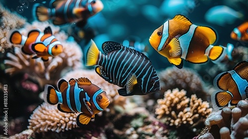   Group of clownfish swimming together amidst coral reefs with sea anemones photo
