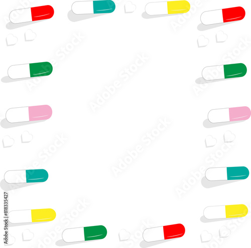 A frame made of medicines. Tablets, capsules, painkillers, antibiotics, vitamins. Medical and vector illustrations in the field of healthcare.