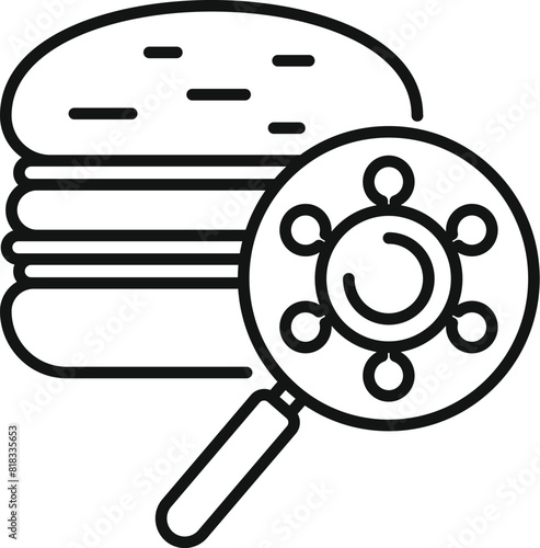 Line art illustration showcasing a burger and magnifying glass focused on a virus, symbolizing food safety