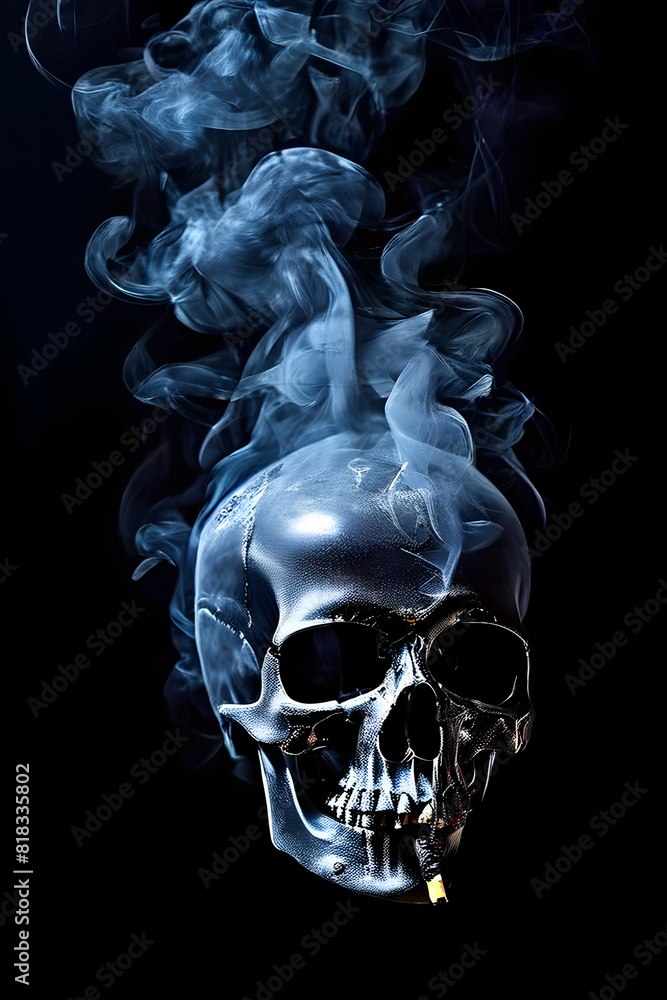 Fototapeta premium skull in cigarette smoke on dark background, concept of the harm of smoking