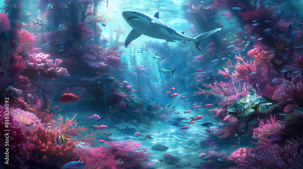 A painting depicts a shark swimming in an ocean with vibrant coral ...