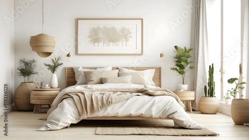 Scandi Boho style mock-up frame in a white bedroom setting with natural wooden furnishings. AI generation