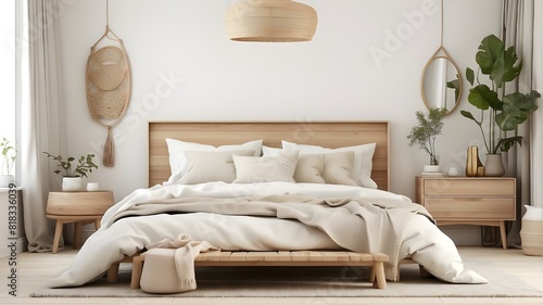 Scandi Boho style mock-up frame in a white bedroom setting with natural wooden furnishings. AI generation
