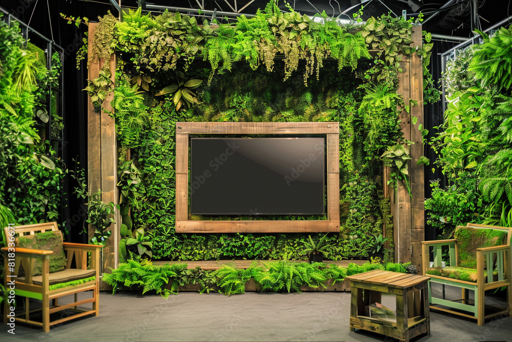 An eco-friendly talk show set designed with green living walls, recycled furniture, and a blank TV surrounded by a frame of live plants.