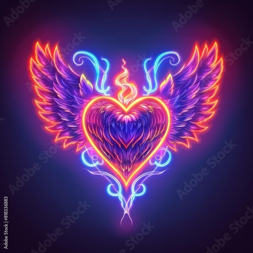 Neon Flaming Heart with Wings A Vivid of Freedom and Passion