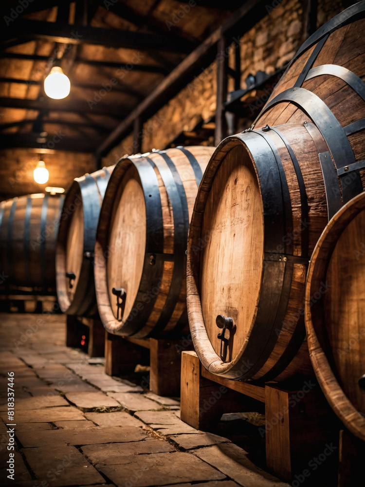 Whiskey Barrel Storage, Aged Spirits in Old Cellar Whiskey Barrel Storage, Aged Spirits in Old Cellar