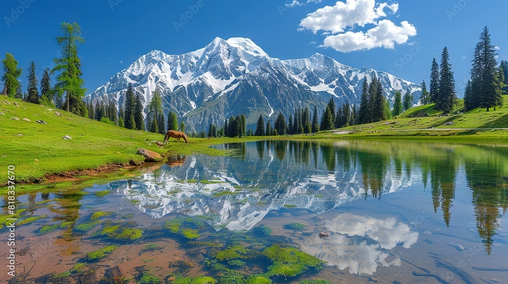 A horse stands in the grass near a lake with a mountain in the backdrop and clouds above A horse stands in the grass near a lake with a mountain in the backdrop and clouds above