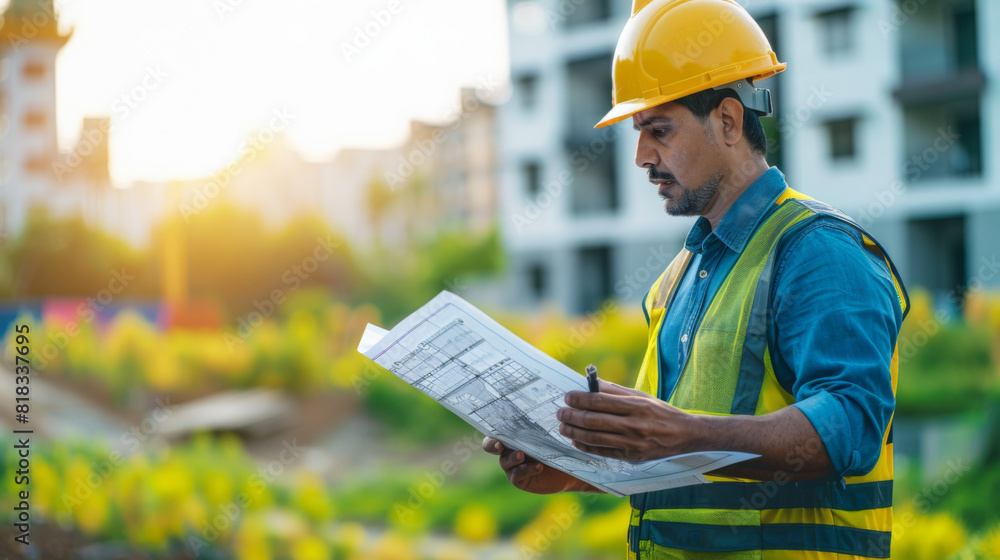 A focused male engineer examines construction blueprints at an urban development site during a bright sunny day. A focused male engineer examines construction blueprints at an urban development site during a bright sunny day.