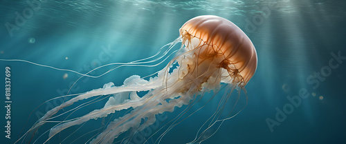 A serene underwater scene featuring a luminescent jellyfish gently drifting