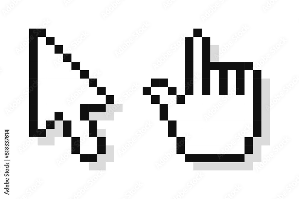 Pixel mouse arrow pointer icon set, video game style. Pixel art cursor arrow, hand. Pixel mouse arrow pointer icon set, video game style. Pixel art cursor arrow, hand.