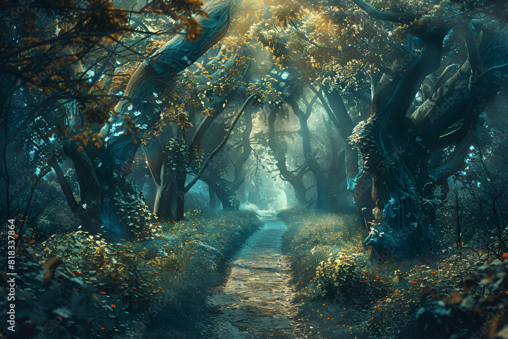 Fantasy background . Magic forest with road.