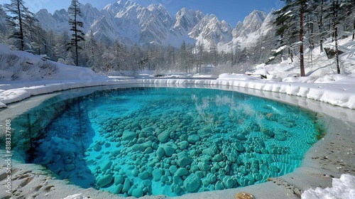  A pool of clear blue water encircled by snow-covered mountains and pine trees