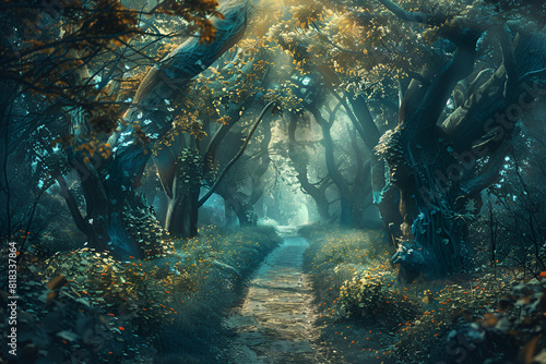 Fantasy background . Magic forest with road.