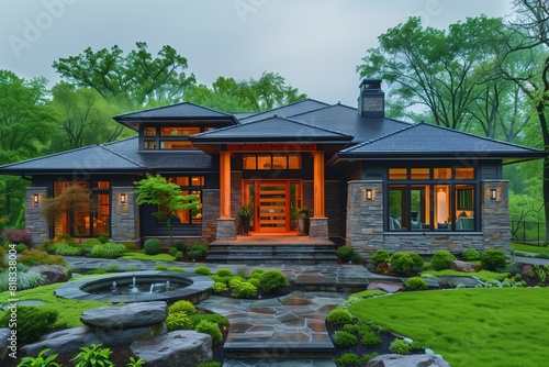 Elegant ranch home design featuring a sprawling, single-story layout with a natural stone facade and cedar shake roofing.