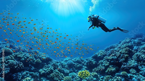 Wallpaper Mural   A scuba diver glides above a vibrant coral reef, surrounded by a mesmerizing school of fish Torontodigital.ca