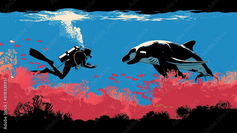 Fototapeta premium Two people swimming with a shark and orca on a coral reef in an ocean painting