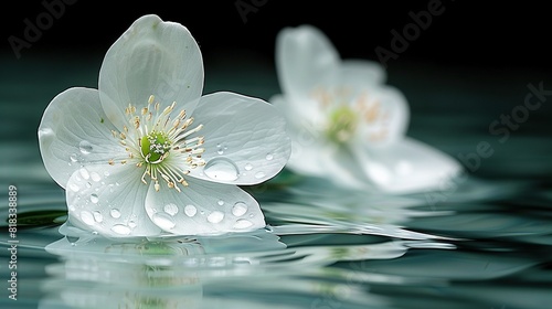   A cluster of white blossoms bobbing atop a watery expanse  speckled with droplets