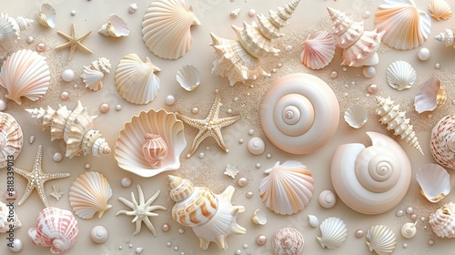  A collection of seashells and starfish on a white background featuring pearls and additional seashells