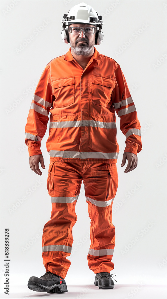 A middle-aged construction worker in full bright orange safety gear, including a helmet, is walking indoors on a plain white background with a serious expression. A middle-aged construction worker in full bright orange safety gear, including a helmet, is walking indoors on a plain white background with a serious expression.