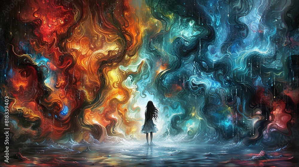 Woman in dark room with colored swirls Woman in dark room with colored swirls