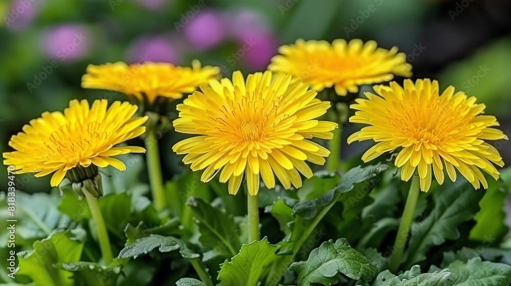 Yellow flowers in foreground, green leaves and purple background Yellow flowers in foreground, green leaves and purple background