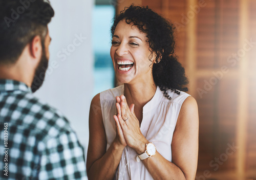 Happy, couple and sharing good news for promotion, celebration and announcement at home together. Smile, woman and man with wow at job success and career achievement with communication and discussion