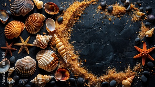  Arrange shells, starfish form heart shape on black background
