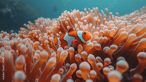  An orange and white clownfish swims in an orange sea anemone with white tips on its head