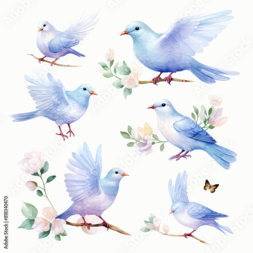 A set of blue birds are perched on a branch with flowers in the background