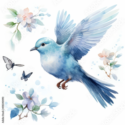 A blue bird is flying over a white background with flowers and butterflies