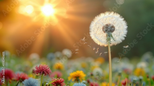   A dandelion blowing in the wind amidst a field of wildflowers during sunset with the sun in the backdrop